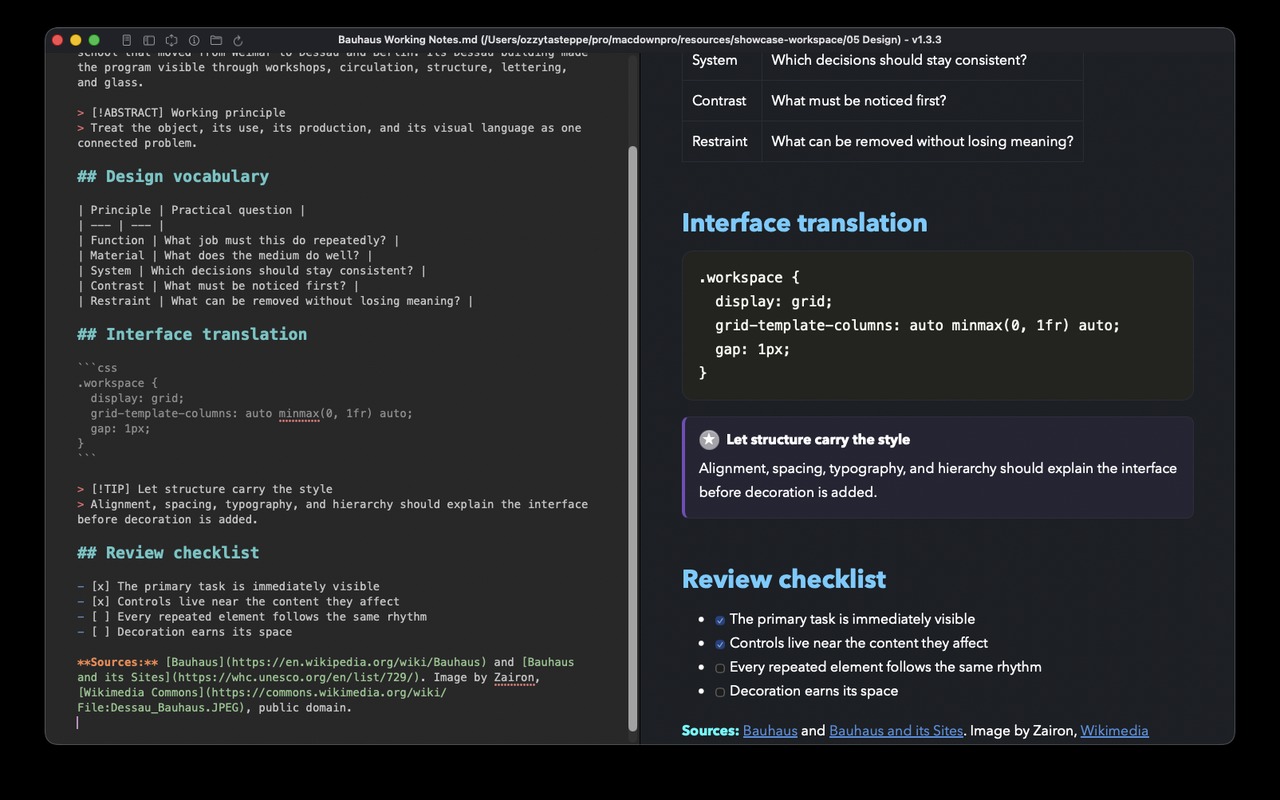 MarkoDown v1.3.4 showing Bauhaus Markdown source beside its rendered document