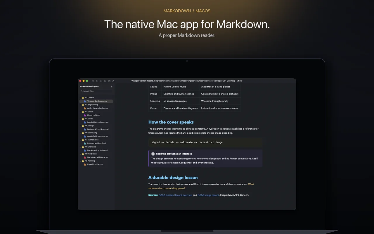 MarkoDown rendering the Voyager Golden Record document in a dark theme