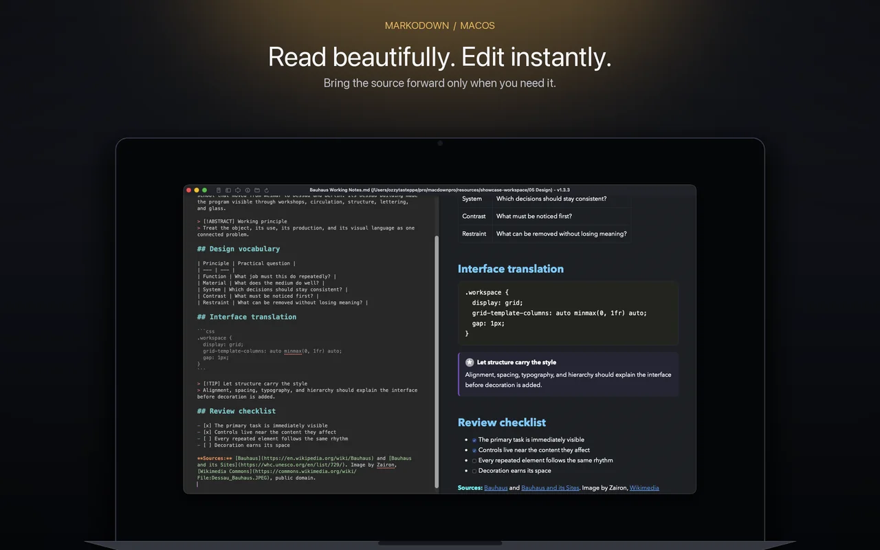 MarkoDown showing Bauhaus Markdown source beside its rendered document