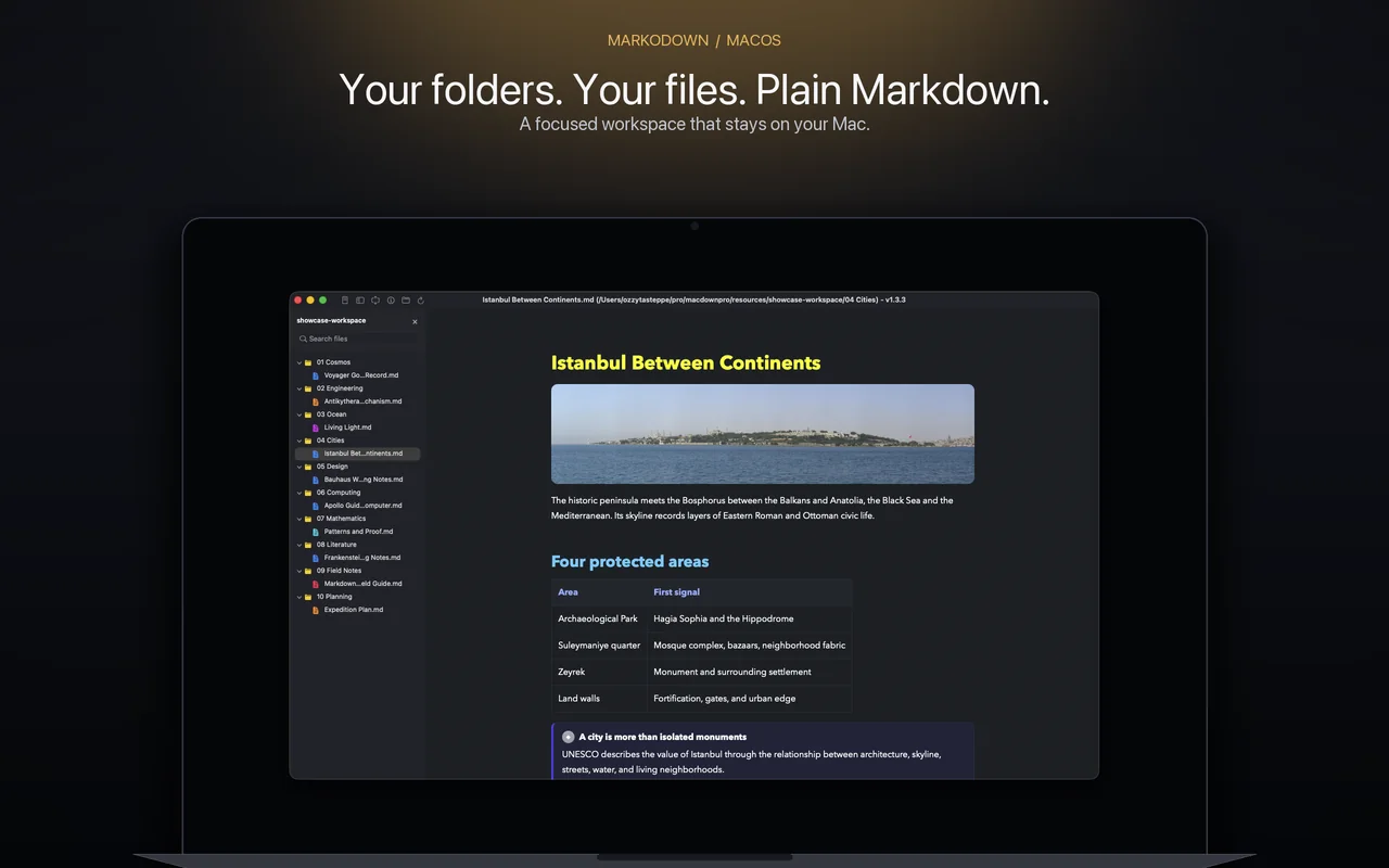 MarkoDown folder browser beside an Istanbul Markdown document