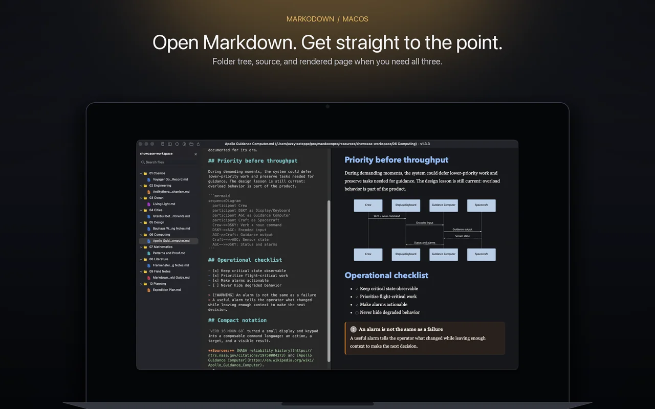 MarkoDown showing folder tree, source editor, and Apollo document preview