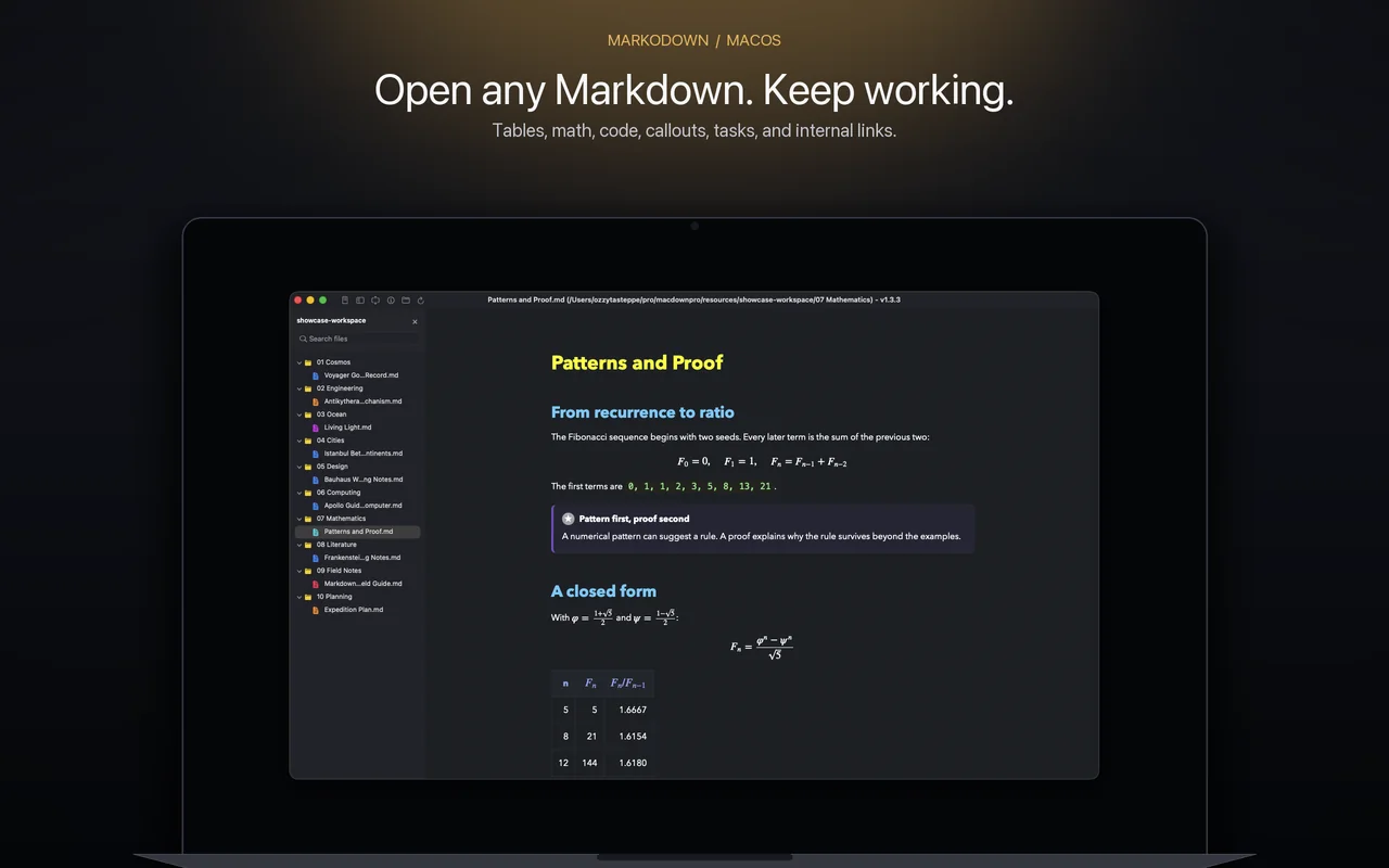 MarkoDown rendering a mathematics document with formulas and structured notes