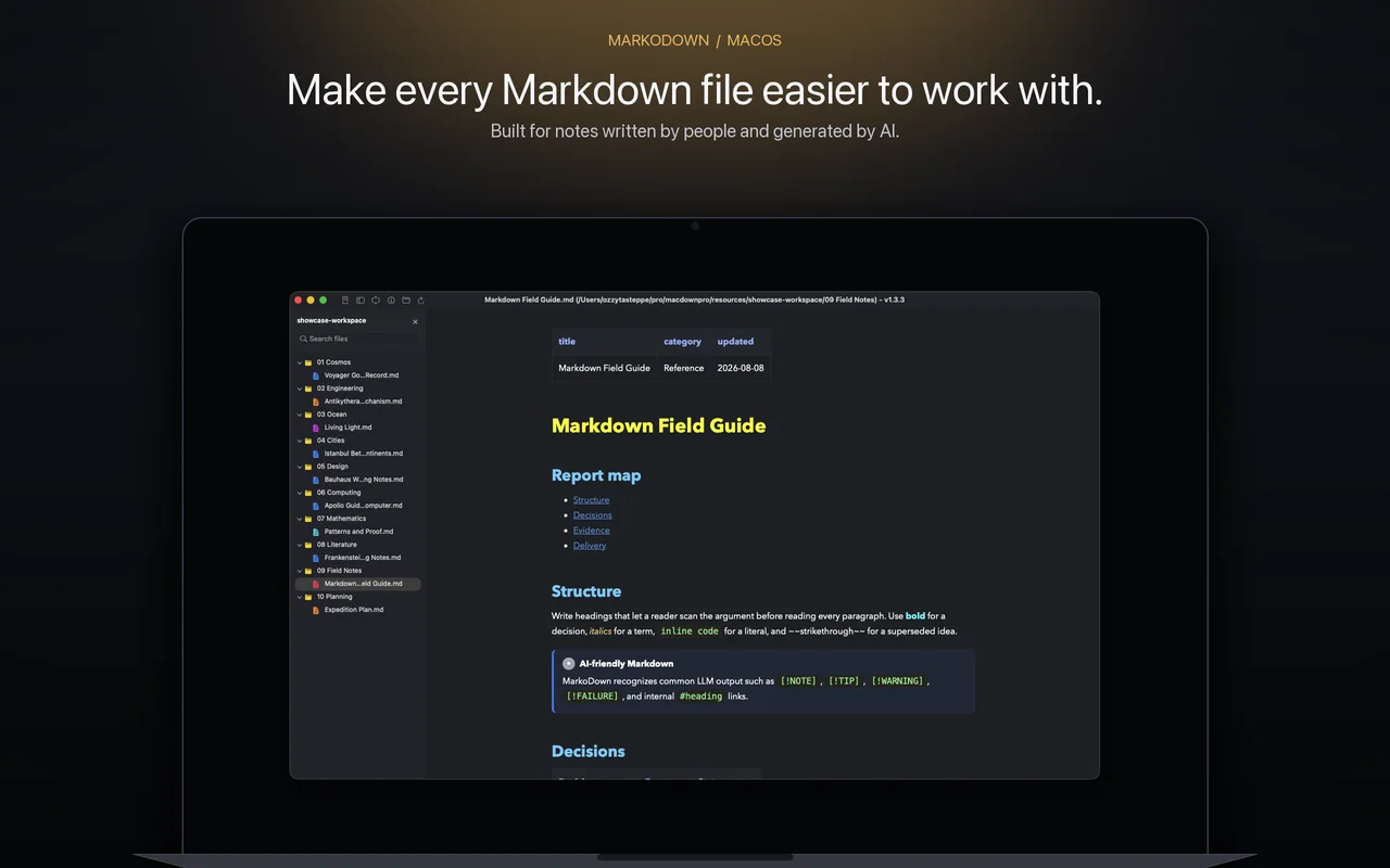 MarkoDown rendering AI-style callouts, tables, tasks, and internal links